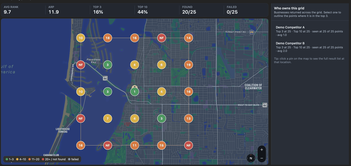 Local ranking map, measured point by point around the business address
